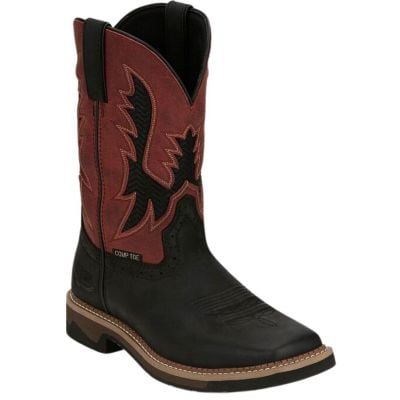 Justin Men's Bolt 11" Coal Black/Red Pull On Composite Toe Work Boot
