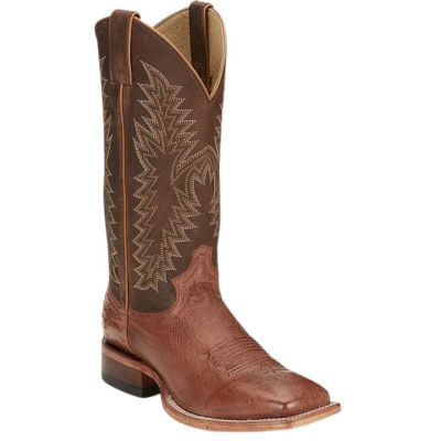 Justin Men's 13" Breck Smooth Ostrich Roper Boot - Cognac Vintage Brown/Walnut Brown
