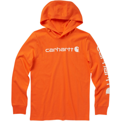 Carhartt Kids Long Sleeve Hooded Signature Graphic T-Shirt in Exotic Orange 