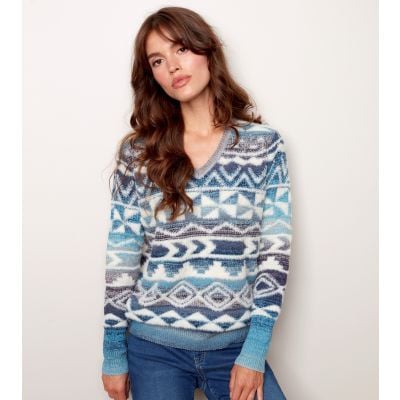 Charlie B Ladies Hairy Jacquard Sweater in Frost