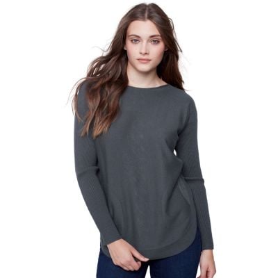 Charlie B Plushy Knit Sweater Back Lace-up Detail - Emerald
