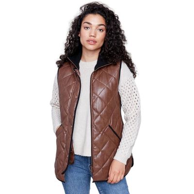 Charlie B Quilted Faux Leather Long Vest - Cognac