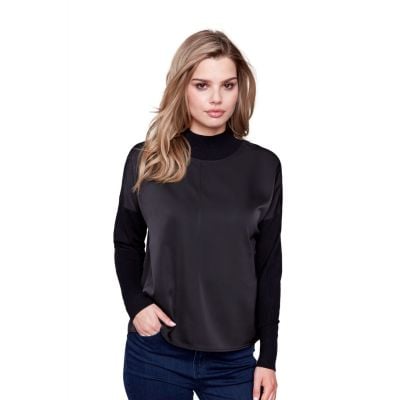 Charlie B Women's Black Mock Neck Satin Knit Top