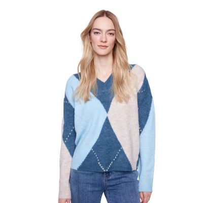 Charlie B Women's Blue Drop Shoulder V-Neck Sweater