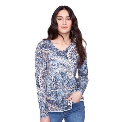 Charlie B Women's Bohemian Printed V-Neck Sweater