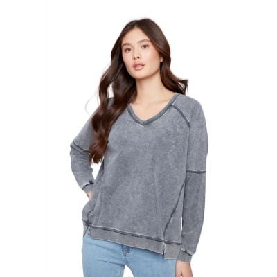 Charlie B Women's Charcoal French Terry V-Neck Top
