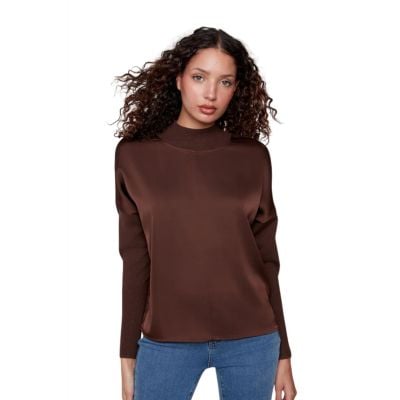 Charlie B Women's Mocha Mock Neck Satin Knit Top 
