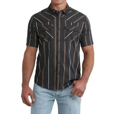 Cinch Men's Black Striped Short Sleeve Camp Shirt