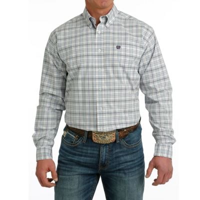 Cinch Men's Long Sleeve Button Down Plaid Shirt - White