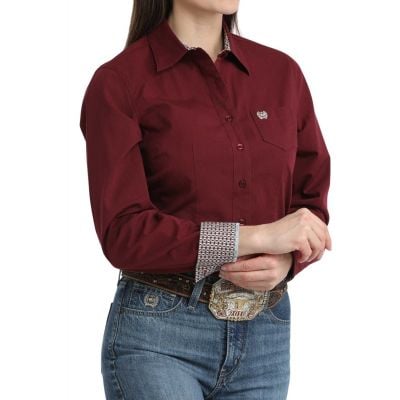 Cinch Women's Burgundy Long Sleeve Button Stripe Shirt