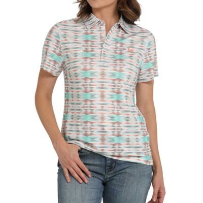 Cinch Women's White Print Short Sleeve Polo