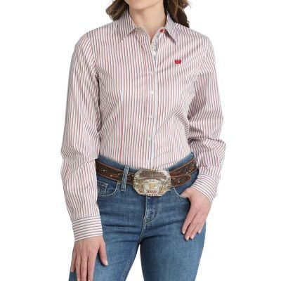 Cinch Women's White Striped Long Sleeve Shirt