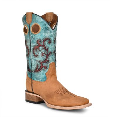 Circle G Ladies Honey/Turquoise Inlay Embroidery Square Toe Boots