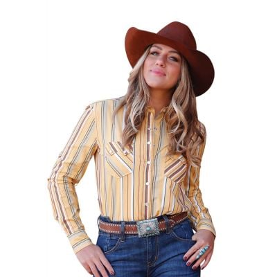 Cruel Denim Women's Yellow Long Sleeve Stripe Snap Shirt