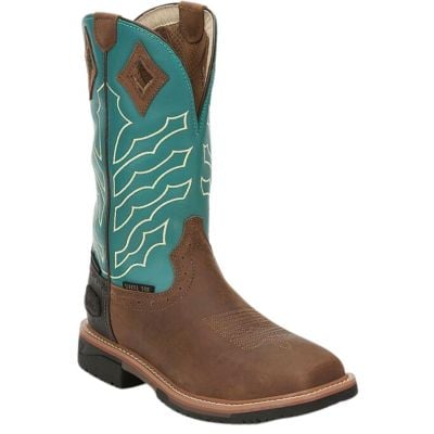 Justin Men's Derrickman 11" Brown/Teal Waterproof Steel Toe Work Boot