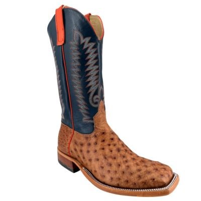 Kleinschmidt's Exclusive Men's Anderson Bean Brandy Bruciato Full Quill Ostrich/Navy Burnished Calf Boots