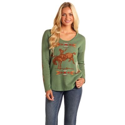 Panhandle Women's Olive Long Sleeve Bronco Light Weight Sweater
