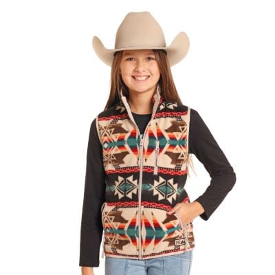 Powder River Girl's Aztec Printed Fleece Vest - Natural