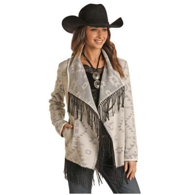 Powder River Ladies Aztec Jacquard Wool Jacket With Fringe