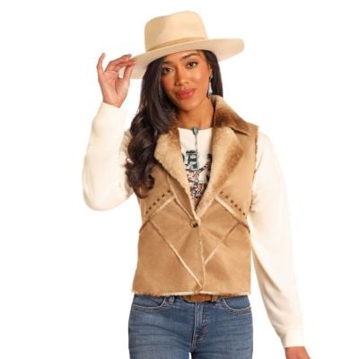 Powder River Women's Micro Suede Faux Fur Vest - Camel