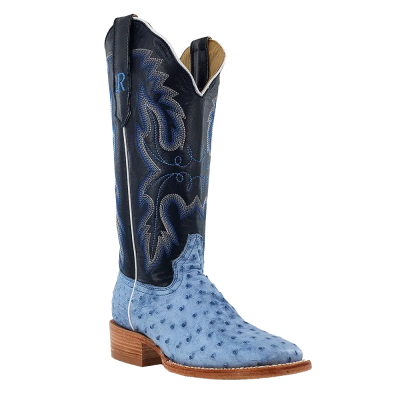 R. Watson Ladies Denim Bruciato Full Quill Ostrich Square Toe Boots