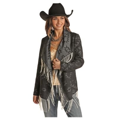 Rock N Roll Ladies Aztec Jacquard Wool Blend Jacket With Fringe