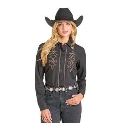 Rock N Roll Womens Black Long Sleeve Boot Stitch Snap Shirt