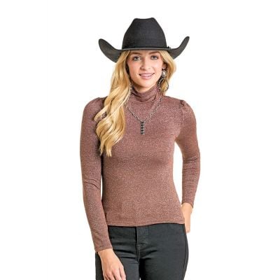 Rock N Roll Womens Brown Lurex Turtleneck Top