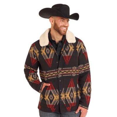 Rock & Roll Men's Aztec Jacquard Long Jacket with Berber Collar - Black