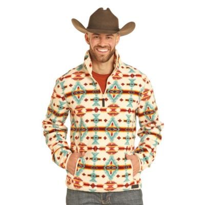 Rock & Roll Men's Aztec Printed Berber 1/4 Zip Pullover - Natural