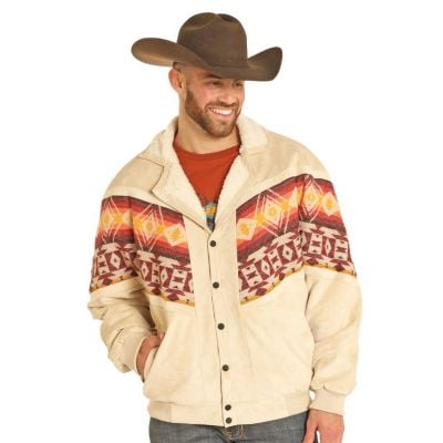 Rock & Roll Men's Color Block Oversized Micro Suede Bomber Jacket with Berber Lining - Natural