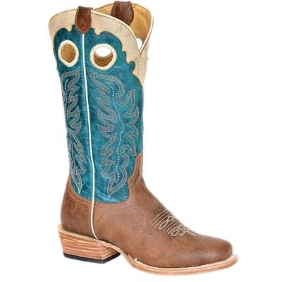 Roper Women's 13" Waxy Tan/Turquoise Square Toe Boots