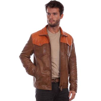 Scully Men's Zip Front Contrast Leather Jacket - Saddle Tan/Orange