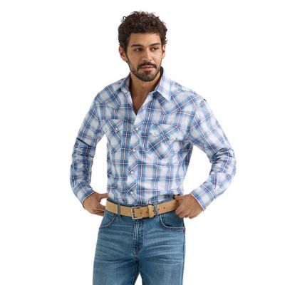 Wrangler Men's Blue & Red Plaid Retro Long Sleeve Shirt