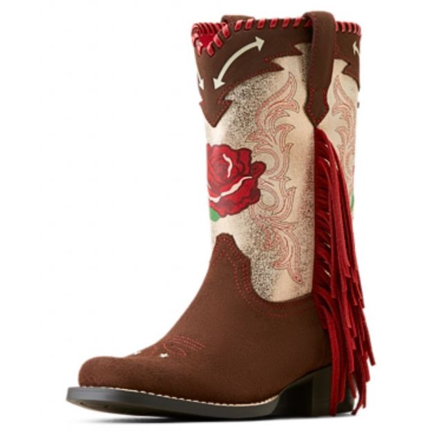 Ariat Youth Futurity Fringe Rodeo Quincy Western Boot - Chocolate Suede/Range Riding Ruby