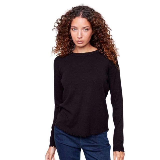 Charlie B Crew Neck Drop Shoulder Plushy Knit Sweater - Black