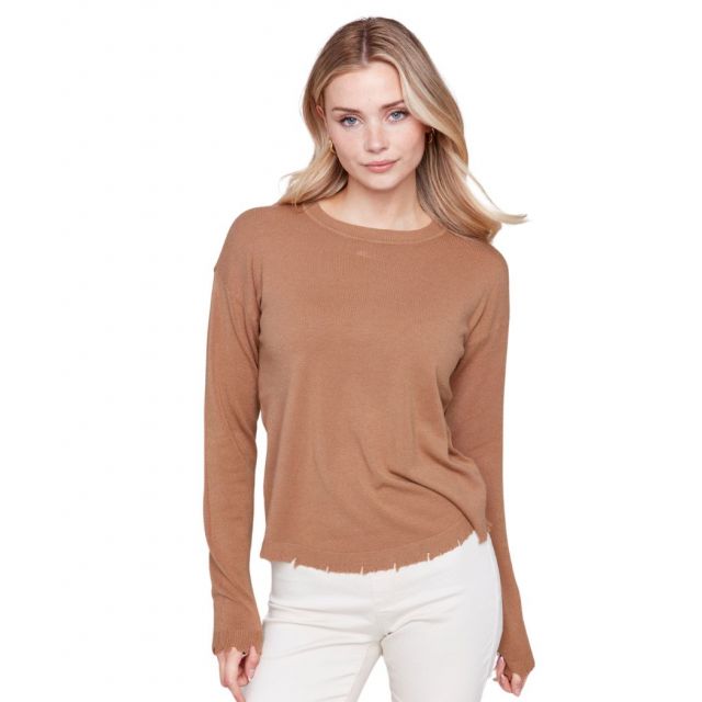Charlie B Crew Neck Drop Shoulder Plushy Knit Sweater - Truffle