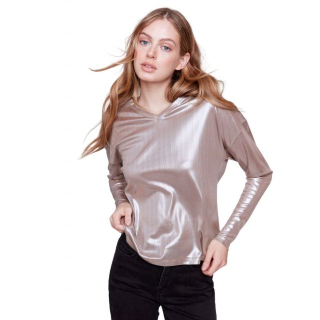 Charlie B Foiled Knit Long Sleeve V Neck Jersey - Truffle
