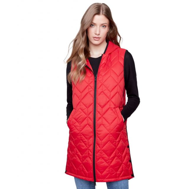Charlie B Hooded Long Quilted Puffer Vest - Cranberry