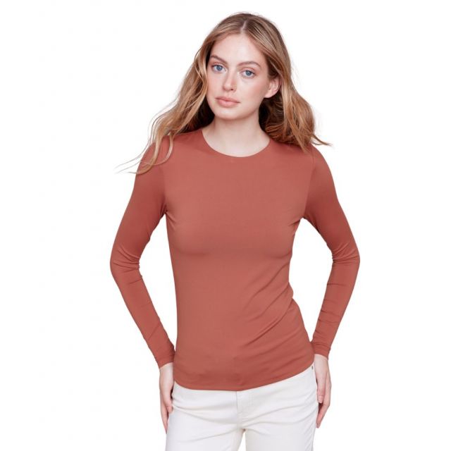 Charlie B Long Sleeve Crew Neck Double Cloth Top - Terracotta