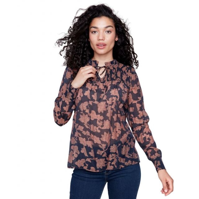Charlie B Long Sleeve Voile Blouse With Frills - Navy