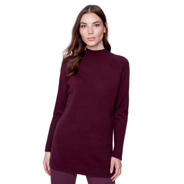 Charlie B Mock Neck Raglan Tunic Sweater - Port