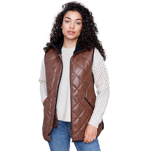 Charlie B Quilted Faux Leather Long Vest - Cognac