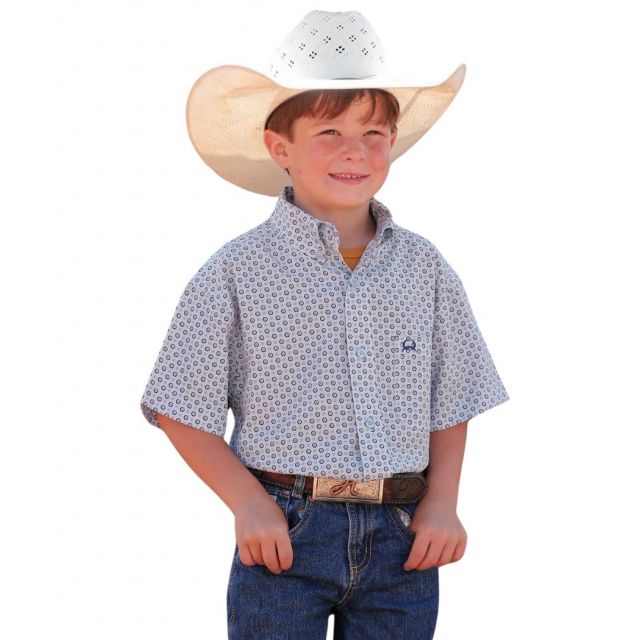Cinch Boy's Short Sleeve Button-Down Arenaflex Geometric Print Western Shirt - Light Blue