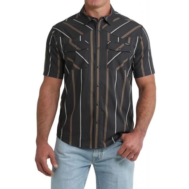 Cinch Men's Black Striped Short Sleeve Camp Shirt