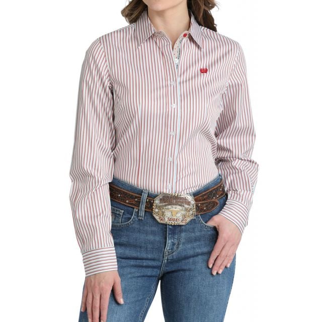 Cinch Women's White Striped Long Sleeve Shirt