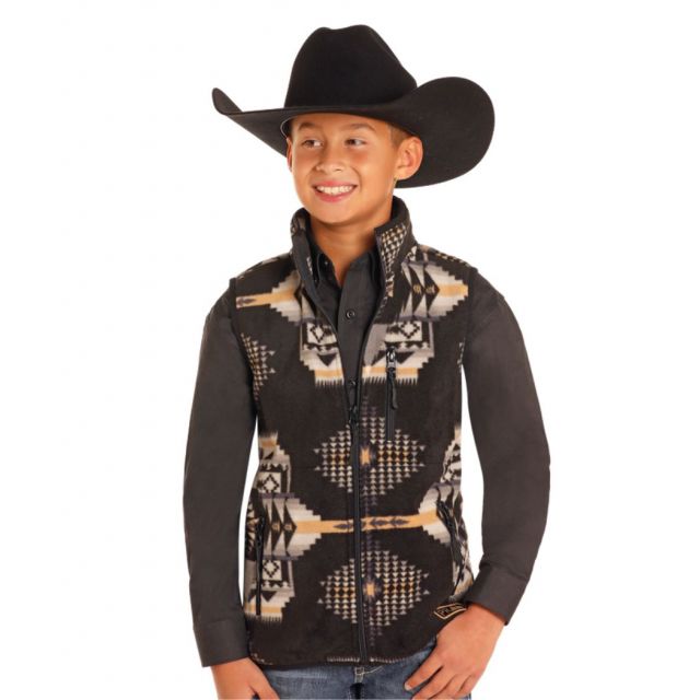Powder River Boy's Aztec Printed Fleece Vest - Black