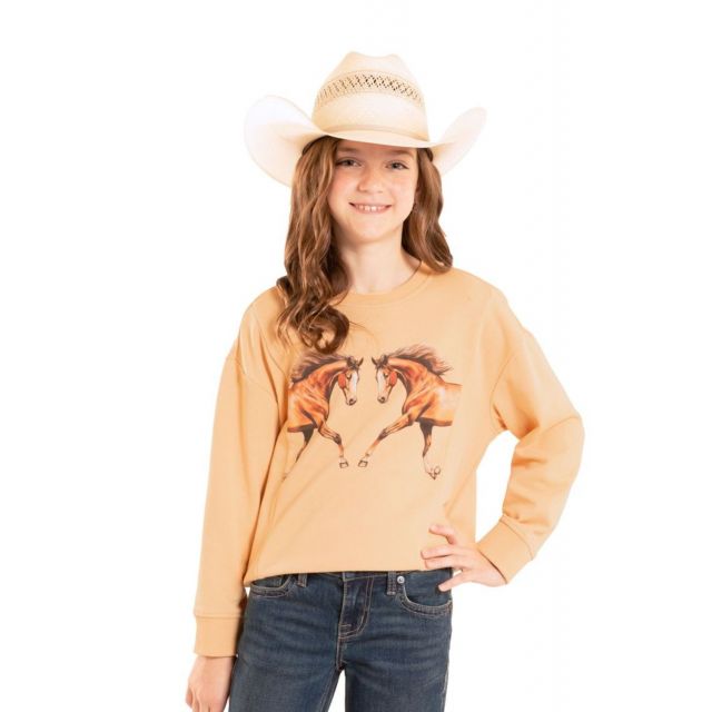 Rock & Roll Denim Girl's Tan Horse Print Pullover Graphic