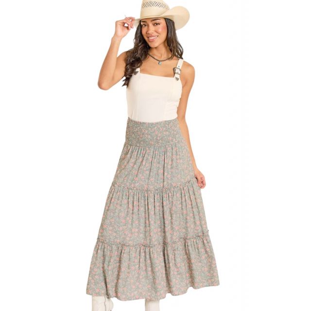 Rock & Roll Denim Women's Jade Crinkle Floral Print Tiered Skirt