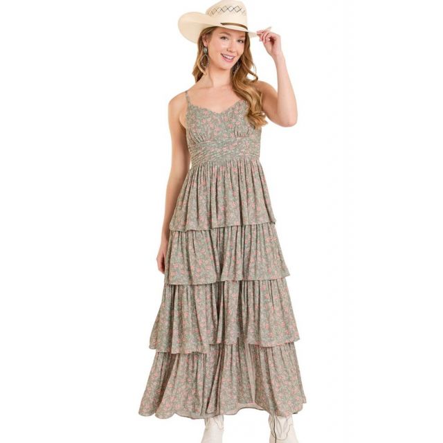 Rock & Roll Denim Women's Jade Crinkle Floral Tiered Maxi Dress